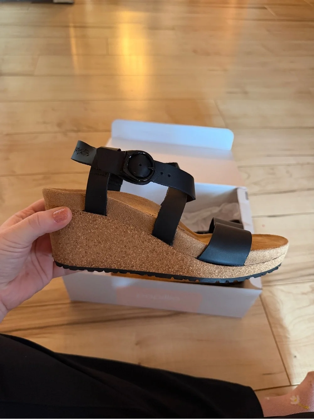 Papillio Black Cork Wedge Sandal with Buckle Ankle Strap